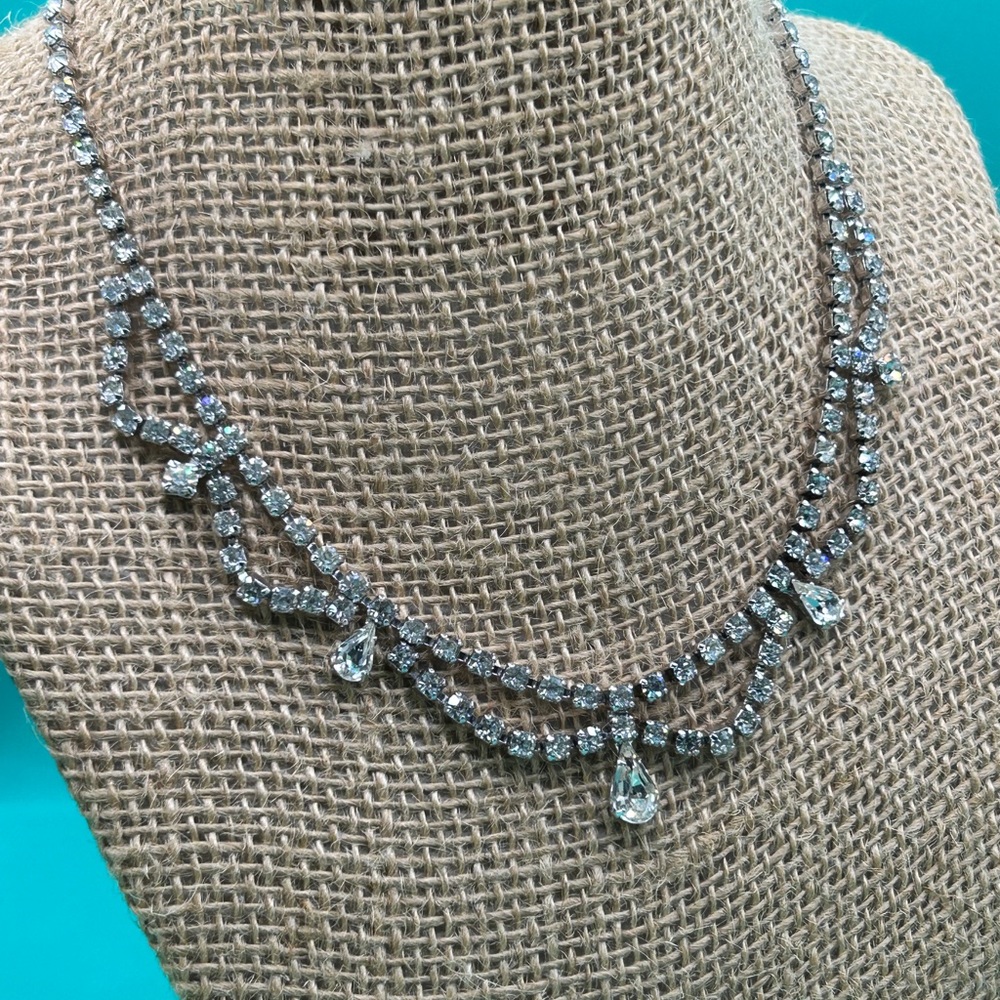 Kramer Vintage Rhinestone Bib Necklace Silver Tone Clear Glass Pear Drop
